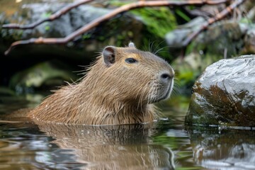 Capybara partially submerged in water, gazing serenely with surrounding lush vegetation. Concept of nature, wildlife, tranquility, and animal behavior.