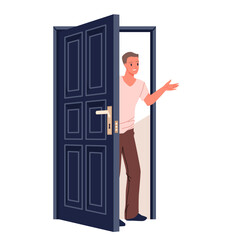 Man standing in doorway to open door of home apartment and invite inside. Happy young male character welcoming, greeting guest friends or neighbors by waving hand cartoon vector illustration