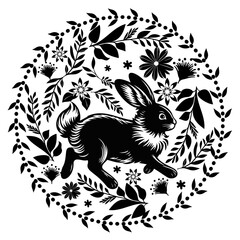 black and white vector silhouette illustration, hopping rabbit in round botanical frame