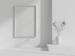 White frame mockup in home interior background. White Blank Poster With Frame Mockup On Grey Wall Mockup. Frame mockup in living room. Wall art framed canvas poster mockup.  Blank mockup for artwork. 