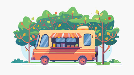 Food truck park street trees design vector illustrat
