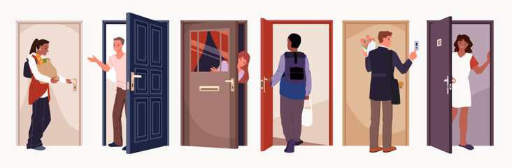 Happy man and woman opening door to welcome, young male and female characters hold doorknob to go inside, ring doorbell to visit cartoon vector illustration. People standing at open door - obrazy, fototapety, plakaty
