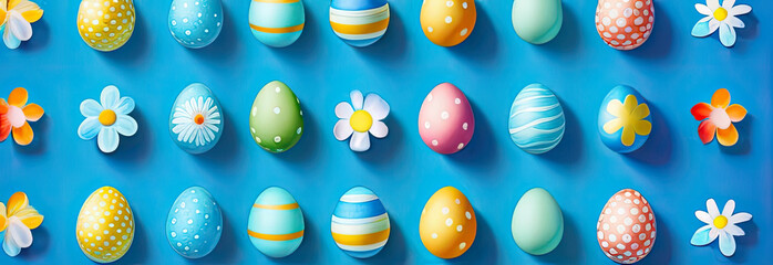 Seamless pattern with eggs and flowers. Happy Easter banner. Illustration.