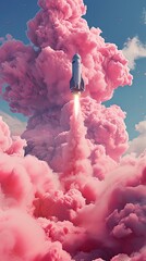 Retro Rocket Launching Through Pastel Clouds.