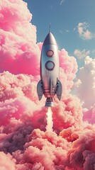 Retro Rocket Launching Through Pastel Clouds.
