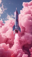 Retro Rocket Launching Through Pastel Clouds. - 750211597