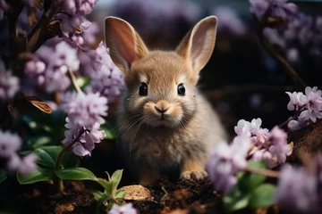 Schilderijen op glas Adorable rabbit in lush green grass surrounded by beautiful lilac flowers in a serene setting © Nikolai
