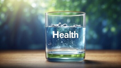 Glass of water with word health. With mountains in the background. Nature and health concept. Copy space.