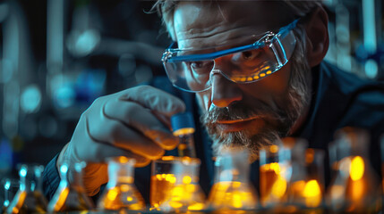 Illustration over vials for laboratory samples an experienced expert focused on a responsible task