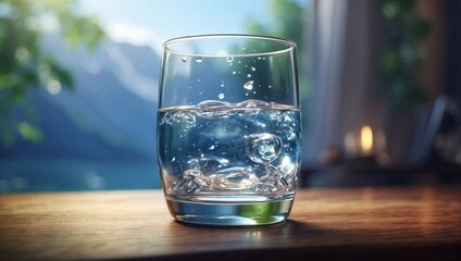 Glass of water with mountains in the background. Nature and health concept. Copy space.