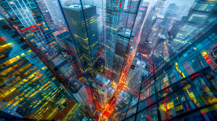 Aerial night view of a modern city skyline with illuminated skyscrapers, urban architecture in Asia