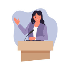 Woman speaker speaking from podium to audience. Public speech of female leader and politician on stage with microphone, lecture and talk from tribune of orator with hand up cartoon vector illustration