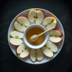 Artfully arranged apple slices around a bowl of honey. Top view symbolizing hope for a sweet year. Healthy snack concept. Design for food blog, Rosh Hashanah greeting, and culinary magazine