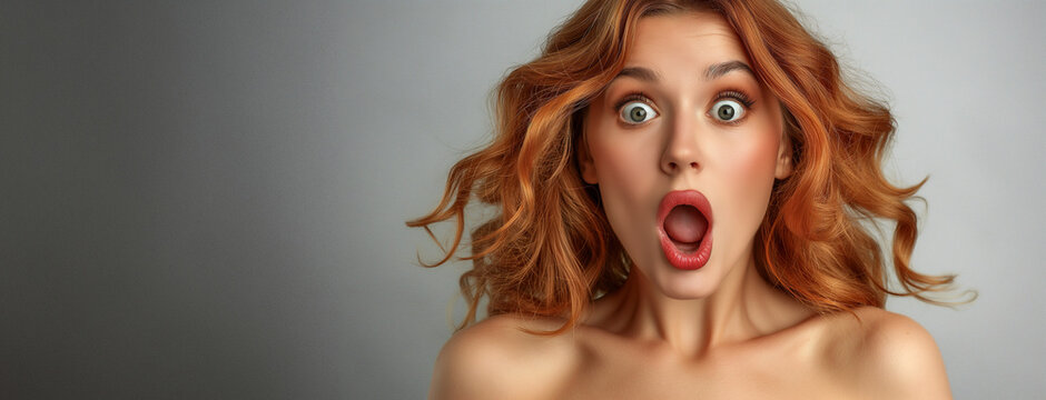 A surprised, happy woman stands in the foreground, surrounded by an isolated background. Next to it there is space for a side banner. Her facial expression radiates joy and enthusiasm.