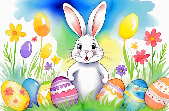 White Easter bunny, colorful easter eggs painted on the background of green grass and flowers. Easter holiday, greeting card, greeting
