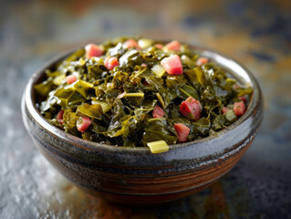 Slow-cooked collard greens with smoked ham hocks in a ceramic bowl. Close-up on a rustic wood table. Symbol of tradition and resilience in Southern cuisine. Design for culinary blog - obrazy, fototapety, plakaty