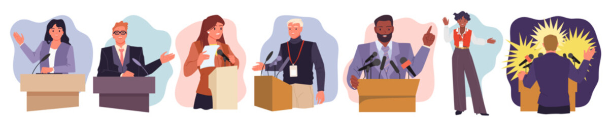 Politicians speaking with microphone to audience, confident man and woman standing at rostrum to talk at conference cartoon vector illustration. Speaker speak from podium at public event set