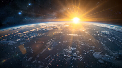 curvature planet: Sunrise seen from space over the curved earth - obrazy, fototapety, plakaty