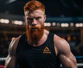 Bearded athlete stands confidently in combat arena.