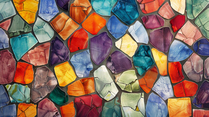 Colorful mosaic pattern with multi-hued translucent stained-glass pieces capturing light and texture in an artful display