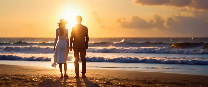 On Valentine's Day a couple silhouette against the Maldives sunset paints a scene of love, with the calm waves and sandy shore adding to the idyllic romantic setting..