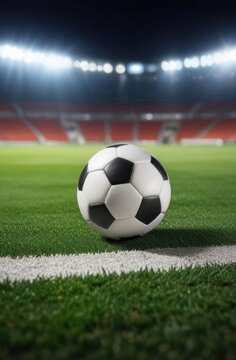 Soccer ball rests on grass of green field in front of majestic lit up, creating exciting atmosphere stadium. Scene captures essence of game, ready for action, excitement. Advertising, banner, print.