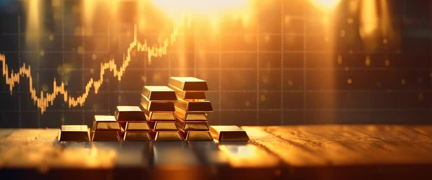 Rising Financial Charts Behind Gold Bullion. Increasing stock market graphs in the background, hinting at investment growth. Panorama with copy space..