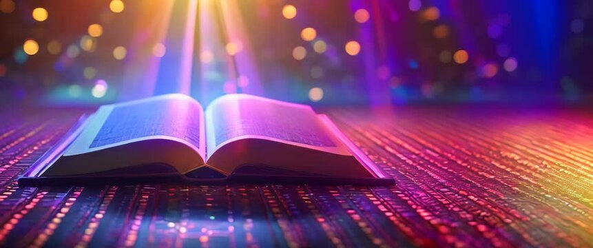Open book on a colorful shiny background. Rays of light emanate from the pages, suggesting inspiration or discovery in a digital or technological context..