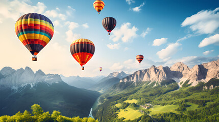 hot air balloons flying in the mountain valley with forest