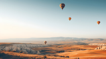 colorful hot air balloons flying on wide cloudless blue sky on wide landscape - obrazy, fototapety, plakaty