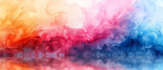 An abstract rendition of a sunrise over a tranquil lake, blending vibrant warm hues with a reflection in water