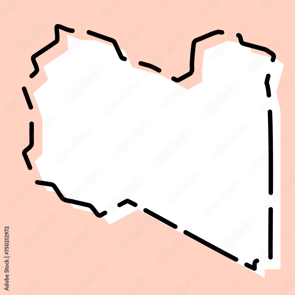 Wall mural Libya country simplified map. White silhouette with black broken contour on pink background. Simple vector icon