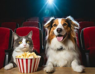 dogs friendly cinema. dogs in the cinema eating popcorn and watching movie.