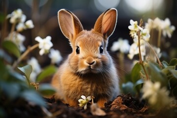 Little cute bunny with spring flowers on lawn