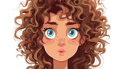 Girls face with curly hair cartoon isolated illustra