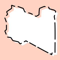 Libya country simplified map. White silhouette with black broken contour on pink background. Simple vector icon - obrazy, fototapety, plakaty