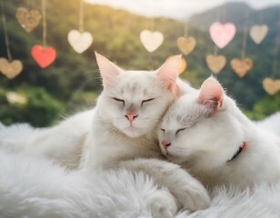 Lovely cat couple sleep together hug on white fluffy bed. Valentine's Day celebration concept, relaxing cats in white fluffy bed