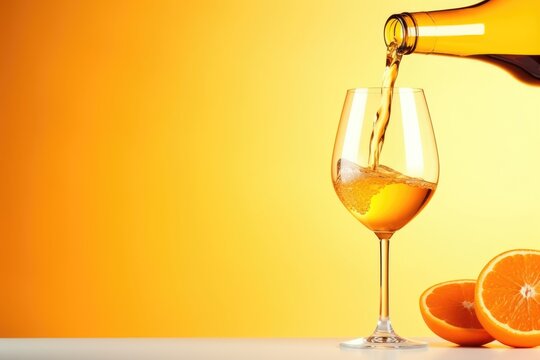 Dynamic image capturing orange colored wine being poured into a glass, with fresh oranges on the side. Orange Essence Poured into a Wine Glass