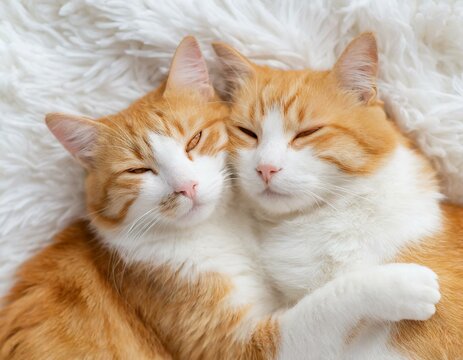Lovely cat couple sleep together hug on white fluffy bed. Valentine's Day celebration concept, relaxing cats in white fluffy bed