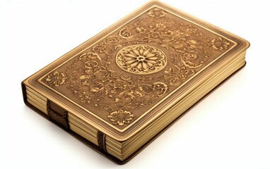 Fototapeta premium Antique Leather-Bound Book Featuring Elaborate Gold Embossmen Isolated on White Background.