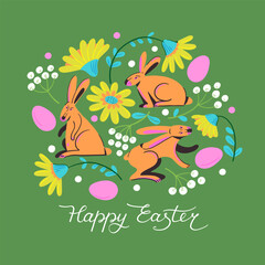 Happy Easter greeting card, poster with cute bunny and rabbit, eggs, flowers. Vector illustration for the spring holiday
