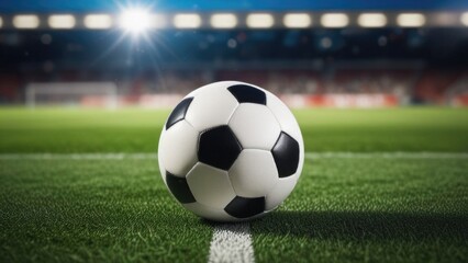 Obraz premium Soccer ball rests on grass of green field in front of majestic lit up, creating exciting atmosphere stadium. Scene captures essence of game, ready for action, excitement. Advertising, banner, print.