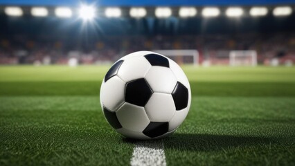 Obraz premium Soccer ball rests on grass of green field in front of majestic lit up, creating exciting atmosphere stadium. Scene captures essence of game, ready for action, excitement. Advertising, banner, print.