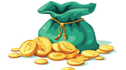 Green bag with golden coins cartoon illustration iso