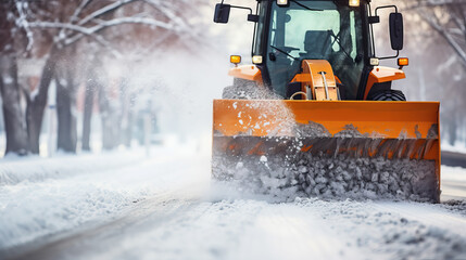 yellow snowplow, tractor, bulldozer, winter, road, snow, work transport, cleaning, city, snowdrifts, blizzard, cold, bucket, wheels, sweep, rake, machinery, trees, equipment