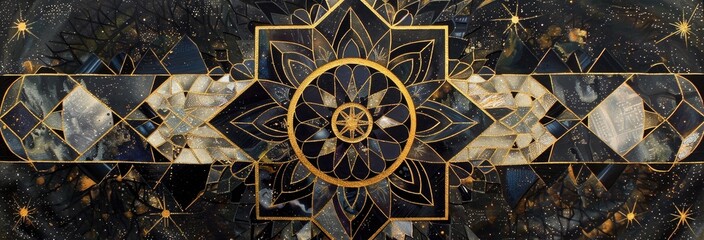 A celestial-themed mandala with intricate geometric patterns and gold metallic highlights 