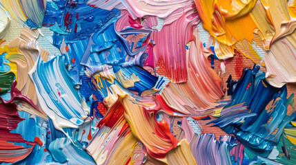 An abstract melee of brush strokes in various colors intertwined to create a lively and chaotic artwork