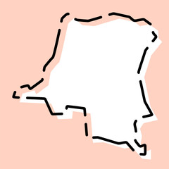 Democratic Republic of the Congo country simplified map. White silhouette with black broken contour on pink background. Simple vector icon
