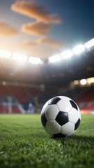Soccer ball rests on grass of green field in front of majestic lit up, creating exciting atmosphere stadium. Scene captures essence of game, ready for action, excitement. Advertising, banner, print.