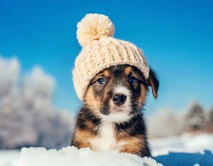 little puppy wearing knitted hat during the winter season. Warm and comfy feeling for pets in the winter time